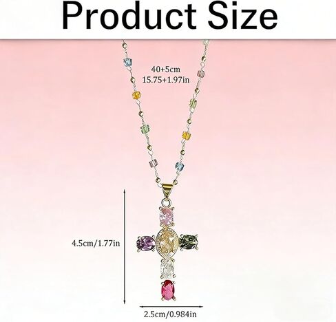 Rainbow Cross Pendant Necklace - Colorful Shiny Rhinestones, Dainty Christian Jewelry for Women in Saudi Arabia