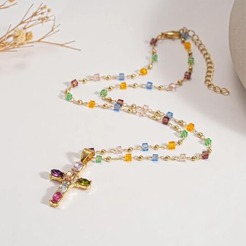 Rainbow Cross Pendant Necklace - Colorful Shiny Rhinestones, Dainty Christian Jewelry for Women in Saudi Arabia