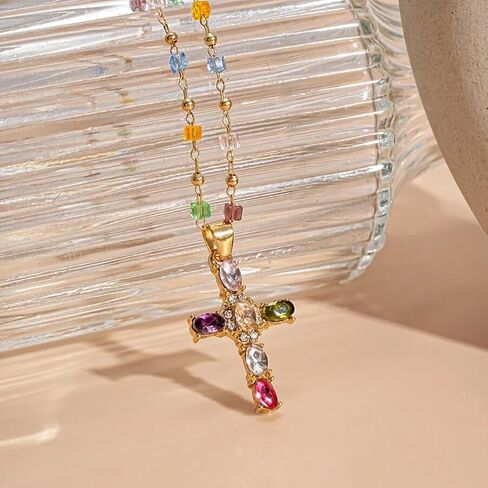 Rainbow Cross Pendant Necklace - Colorful Shiny Rhinestones, Dainty Christian Jewelry for Women in Saudi Arabia