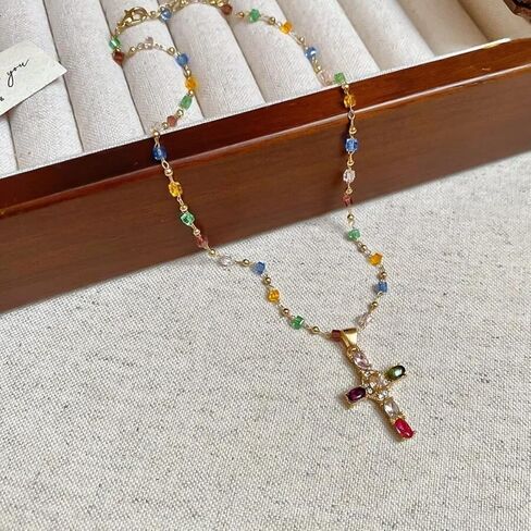Rainbow Cross Pendant Necklace - Colorful Shiny Rhinestones, Dainty Christian Jewelry for Women in Saudi Arabia