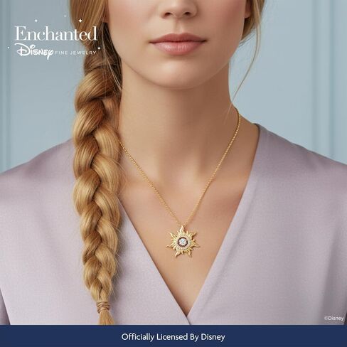 Jewelili Enchanted Disney Fine Jewelry قلادة رابونزيل صن للنساء | ذهب أصفر عيار 14 قيراط على الفضة الإسترليني | 1/20 CTTW الماس الأبيض | هدايا مجوهرات مستوحاة من الأميرة لها in Saudi Arabia