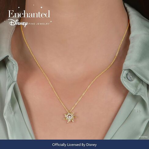 Jewelili Enchanted Disney Fine Jewelry قلادة رابونزيل صن للنساء | ذهب أصفر عيار 14 قيراط على الفضة الإسترليني | 1/20 CTTW الماس الأبيض | هدايا مجوهرات مستوحاة من الأميرة لها in Saudi Arabia
