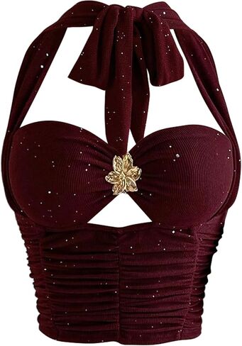 SOLY HUX Women's Y2k Halter Tops Ruched Cut Out Tie Backless Sleeveless Glitter Going Out Crop Tank Top Party Clubwear in Saudi Arabia