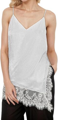 Women Sexy Spaghetti Strap Long Lace Trim Satin Tank Top Y2k Solid V Neck Asymmetrical Split Hem Silk Cami Shirt in Kuwait