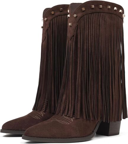 CYNLLIO Fringe Cowboy Boots for Women Cowgirl Western Mid Calf Pull On Boot Pointed Toe Chunky Heel Vaqueras Botas w/Embroidery Studded for Country Concert Rodeo in Kuwait