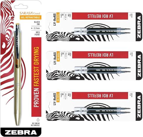 Zebra Sarasa Grand, Retractable Gel Ink Pen, Gold Barrel, Medium Point, 0.7mm, Black Ink, 1-Count Bundle with 6 Refills in Kuwait