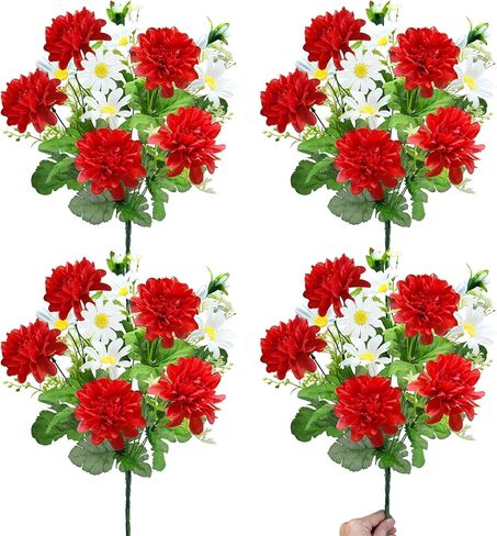 44 Heads Artificial Flowers for Outdoors, 4 Bunches 17 Inch Dahlia Daisies Mum Fake Plants UV Resistant Faux Flowers Bouquet Cemetery Flowers for Grave Outside Indoor Home Spring Summer Decor (Yellow) in Saudi Arabia