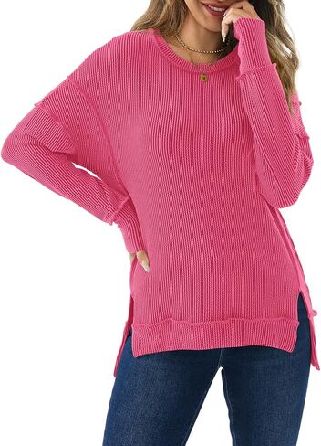 تي شيرت نسائي بأكمام طويلة من AirZeal قميص فضفاض مضلع مقاس كبير مع فتحة جانبية وحاشية عالية ومنخفضة للخريف in Kuwait