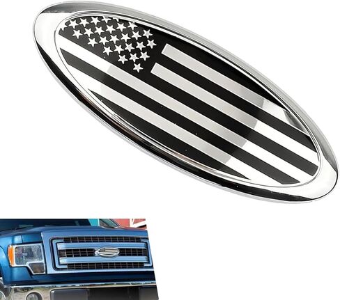شعار الشواية الأمامية للسيارة، شارة وطنية بالعلم الأمريكي مع قاعدة ABS، زخرفة شبكية ذاتية اللصق، متوافقة مع Ford F150 F250 F350 Edge Explorer Ranger Expedition (فضي) in Kuwait