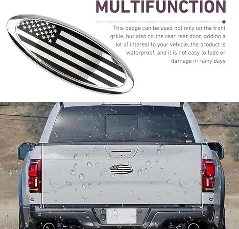 شعار الشواية الأمامية للسيارة، شارة وطنية بالعلم الأمريكي مع قاعدة ABS، زخرفة شبكية ذاتية اللصق، متوافقة مع Ford F150 F250 F350 Edge Explorer Ranger Expedition (فضي) in Kuwait