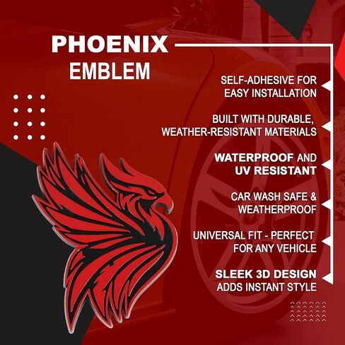 Phoenix Emblem 3D Bird Badge, Custom Car Decal Sticker – Durable Exterior Trunk, Hood, Fender for Car, Truck, SUV (Set of 2) (Red) in Saudi Arabia