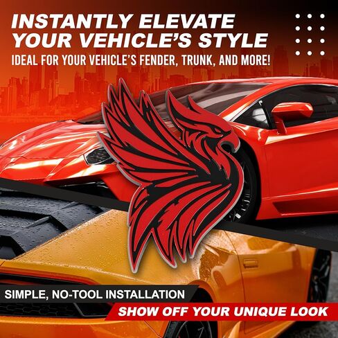 Phoenix Emblem 3D Bird Badge, Custom Car Decal Sticker – Durable Exterior Trunk, Hood, Fender for Car, Truck, SUV (Set of 2) (Red) in Saudi Arabia