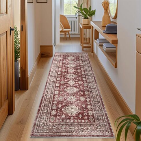 2x8 Runner Rug, Non-Slip Washable, Vintage Long Runner Rug, Boho Floral Carpet for Living Room, Hallway, Entryway, Bedroom, Burgundy in Saudi Arabia