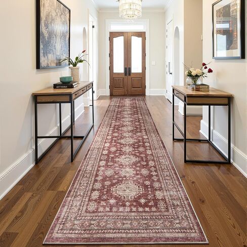 2x8 Runner Rug, Non-Slip Washable, Vintage Long Runner Rug, Boho Floral Carpet for Living Room, Hallway, Entryway, Bedroom, Burgundy in Saudi Arabia