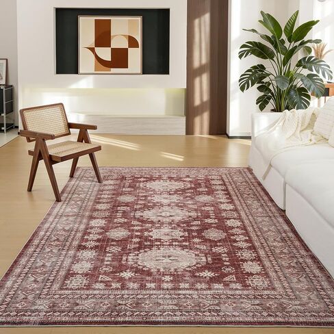 2x8 Runner Rug, Non-Slip Washable, Vintage Long Runner Rug, Boho Floral Carpet for Living Room, Hallway, Entryway, Bedroom, Burgundy in Saudi Arabia