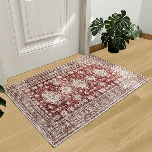 2x8 Runner Rug, Non-Slip Washable, Vintage Long Runner Rug, Boho Floral Carpet for Living Room, Hallway, Entryway, Bedroom, Burgundy in Saudi Arabia