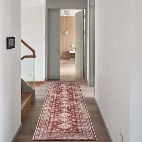 2x8 Runner Rug, Non-Slip Washable, Vintage Long Runner Rug, Boho Floral Carpet for Living Room, Hallway, Entryway, Bedroom, Burgundy in Saudi Arabia