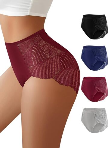 Women‘s Mid High Waist Cotton Briefs, Lace Trim Soft & Breathable Full Coverage 4-Pack in Saudi Arabia