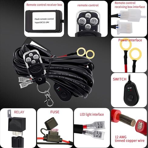 شريط إضاءة LED للقيادة، مجموعة أدوات التحكم عن بعد، كابل شديد التحمل 1Lead12AWG، DC12V - مفتاح تشغيل وإيقاف، مرحل الطاقة وفتيل الشفرة، متوافق مع قضبان إضاءة LED للقيادة على الطرق الوعرة in Kuwait