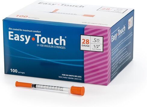 EasyTouch U-100 Insulin Syringe with Needle, 28G 0.5cc 1/2-Inch (12.7mm), Box of 100 in Kuwait