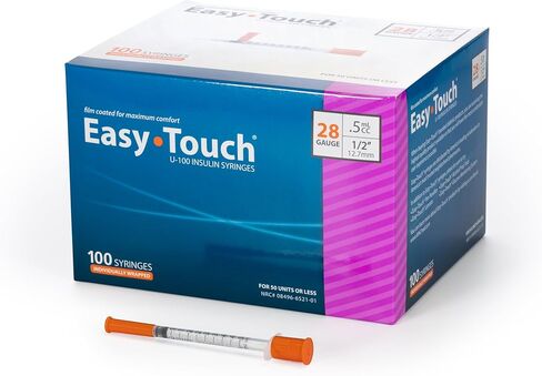 EasyTouch U-100 Insulin Syringe with Needle, 28G 0.5cc 1/2-Inch (12.7mm), Box of 100 in Saudi Arabia