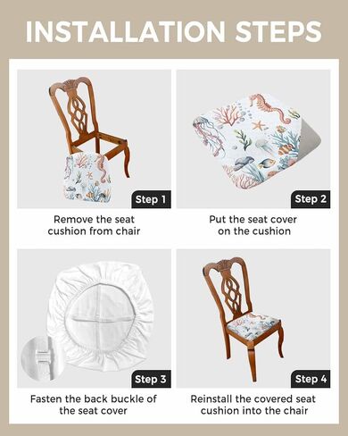 Coastal Chair Seat Covers for Dining Room Stretch Chair Seat Covers Set of 4,Chair Seat Protector Cushion Slipcovers for Kitchen Office Jellyfish Seahorse Shells Corals Starfish Seaweed Watercolor in Kuwait