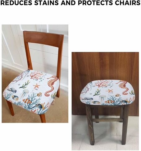 Coastal Chair Seat Covers for Dining Room Stretch Chair Seat Covers Set of 4,Chair Seat Protector Cushion Slipcovers for Kitchen Office Jellyfish Seahorse Shells Corals Starfish Seaweed Watercolor in Kuwait
