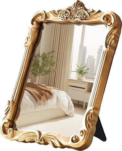 Gold Vintage Wall Decor Hanging Mirror, Boutique Chic Vanity Square Mirrors, Retro Decor Espejo,Antique Table Makeup Mirror with Stand,Living Room,Bathroom,Bedroom,11.8" L x 9.5" W Gold in Saudi Arabia