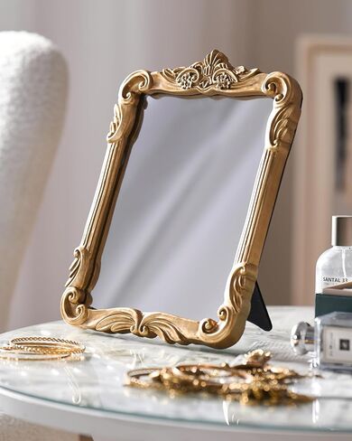 Gold Vintage Wall Decor Hanging Mirror, Boutique Chic Vanity Square Mirrors, Retro Decor Espejo,Antique Table Makeup Mirror with Stand,Living Room,Bathroom,Bedroom,11.8" L x 9.5" W Gold in Saudi Arabia