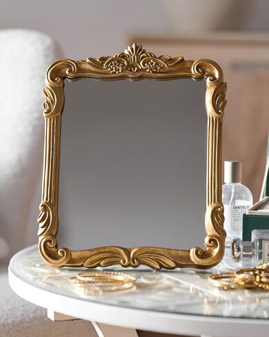 Gold Vintage Wall Decor Hanging Mirror, Boutique Chic Vanity Square Mirrors, Retro Decor Espejo,Antique Table Makeup Mirror with Stand,Living Room,Bathroom,Bedroom,11.8" L x 9.5" W Gold in Saudi Arabia