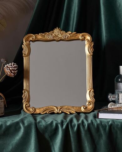 Gold Vintage Wall Decor Hanging Mirror, Boutique Chic Vanity Square Mirrors, Retro Decor Espejo,Antique Table Makeup Mirror with Stand,Living Room,Bathroom,Bedroom,11.8" L x 9.5" W Gold in Saudi Arabia