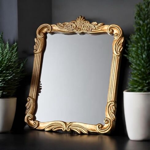 Gold Vintage Wall Decor Hanging Mirror, Boutique Chic Vanity Square Mirrors, Retro Decor Espejo,Antique Table Makeup Mirror with Stand,Living Room,Bathroom,Bedroom,11.8" L x 9.5" W Gold in Saudi Arabia