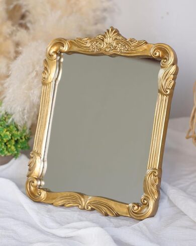 Gold Vintage Wall Decor Hanging Mirror, Boutique Chic Vanity Square Mirrors, Retro Decor Espejo,Antique Table Makeup Mirror with Stand,Living Room,Bathroom,Bedroom,11.8" L x 9.5" W Gold in Saudi Arabia