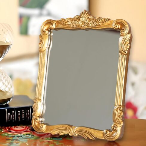Gold Vintage Wall Decor Hanging Mirror, Boutique Chic Vanity Square Mirrors, Retro Decor Espejo,Antique Table Makeup Mirror with Stand,Living Room,Bathroom,Bedroom,11.8" L x 9.5" W Gold in Saudi Arabia