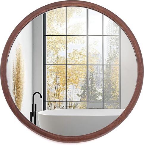 LVMU Round Walnut/Oak Frame Wall Mirror 20x20 Inch Woodgrain Framed Farmhouse Decorative Brown Circle Mirrors for Bathroom Rustic Hanging Vanity Mirror Hallway Entryway Bedroom (Walnut, 20"L x 20"W) in Saudi Arabia