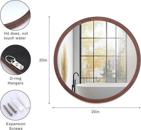 LVMU Round Walnut/Oak Frame Wall Mirror 20x20 Inch Woodgrain Framed Farmhouse Decorative Brown Circle Mirrors for Bathroom Rustic Hanging Vanity Mirror Hallway Entryway Bedroom (Walnut, 20"L x 20"W) in Saudi Arabia