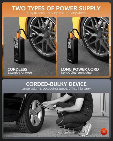 ضاغط هواء محمول منفاخ الإطارات، ضاغط هواء 180 رطل لكل بوصة مربعة مع مصابيح LED، مضخة هواء محمولة أسرع 3 مرات لإطارات السيارات والدراجات النارية والدراجات والكرات والمزيد (أسود) in Kuwait