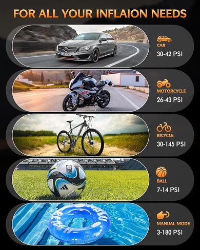 ضاغط هواء محمول منفاخ الإطارات، ضاغط هواء 180 رطل لكل بوصة مربعة مع مصابيح LED، مضخة هواء محمولة أسرع 3 مرات لإطارات السيارات والدراجات النارية والدراجات والكرات والمزيد (أسود) in Kuwait