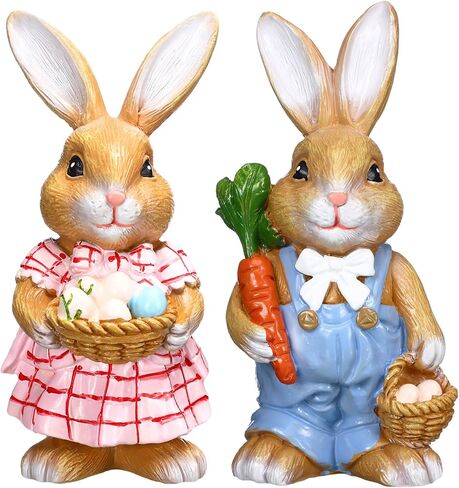 2 Pcs Easter Bunny Decorations Easter Bunny Figurine Resin Rabbit Table Signs Basket Spring Carry Egg Centerpiece Decor for Table Office Home Kitchen in Kuwait