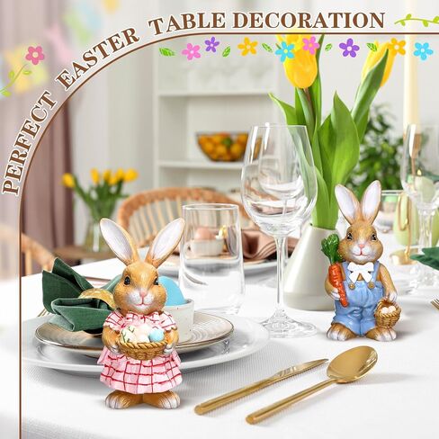 2 Pcs Easter Bunny Decorations Easter Bunny Figurine Resin Rabbit Table Signs Basket Spring Carry Egg Centerpiece Decor for Table Office Home Kitchen in Kuwait