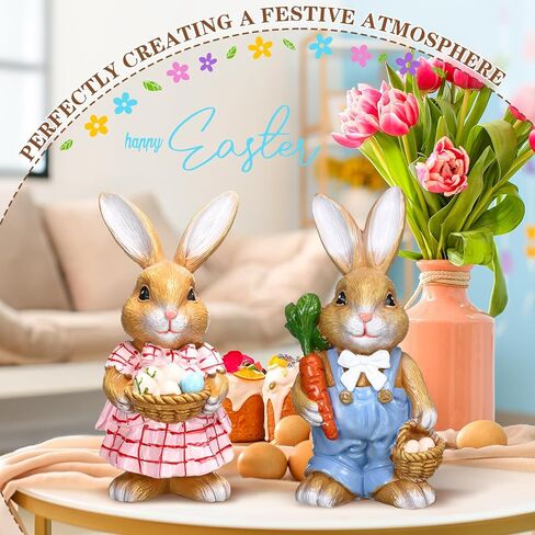 2 Pcs Easter Bunny Decorations Easter Bunny Figurine Resin Rabbit Table Signs Basket Spring Carry Egg Centerpiece Decor for Table Office Home Kitchen in Kuwait
