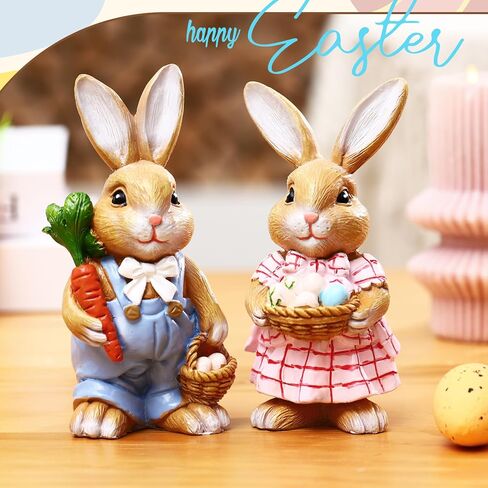 2 Pcs Easter Bunny Decorations Easter Bunny Figurine Resin Rabbit Table Signs Basket Spring Carry Egg Centerpiece Decor for Table Office Home Kitchen in Kuwait