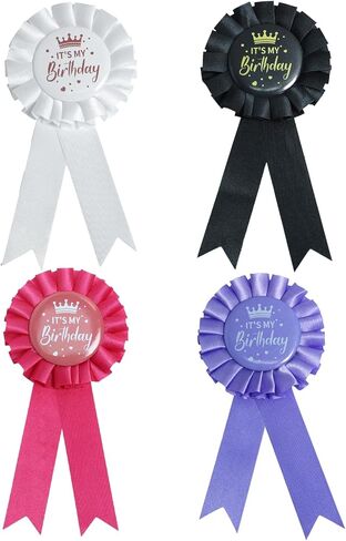 Its My Birthday Pin Set (4 PCS) - Metal Corsage Clips with Assorted Ribbons (Black/White/Pink/Purple) for Party Decor, or Celebration Accessories in Kuwait