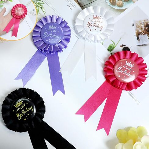 Its My Birthday Pin Set (4 PCS) - Metal Corsage Clips with Assorted Ribbons (Black/White/Pink/Purple) for Party Decor, or Celebration Accessories in Kuwait