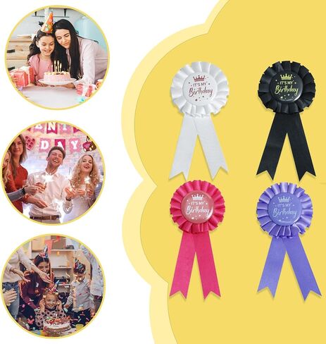 Its My Birthday Pin Set (4 PCS) - Metal Corsage Clips with Assorted Ribbons (Black/White/Pink/Purple) for Party Decor, or Celebration Accessories in Kuwait