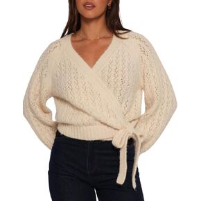 Esmeling Women Bow Tie Wrap Sweater V Neck Lantern Sleeves Knitwear Solid Pullover Cropped Cardigan in Kuwait