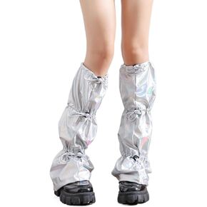 Women Harajuku Punk Holographic Metallic Leg Warmer Ruched Baggy Loose Leg Cover Drawstring Buckle Knee Length Socks in Kuwait
