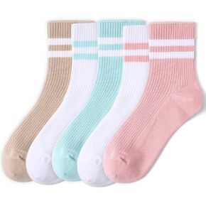 CS CELERSPORT Womens Striped Crew Socks, Cotton Breathable Cozy Casual Quarter Ankle Socks 5 Pairs in Kuwait
