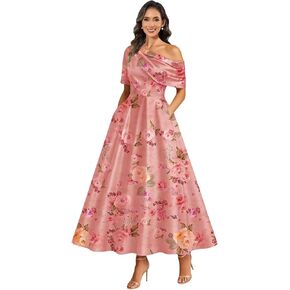 One Shoulder Satin Mother of The Bride Dresses for Women Wedding Tea Length Long Formal Evening Gowns with Pockets in Kuwait