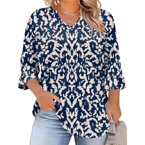 TFSDOD Plus Size Tops for Women V Neck 3/4 Sleeve Pleated Blouses Dressy Casual Fashion Tunic Top (1X-5X) in Kuwait